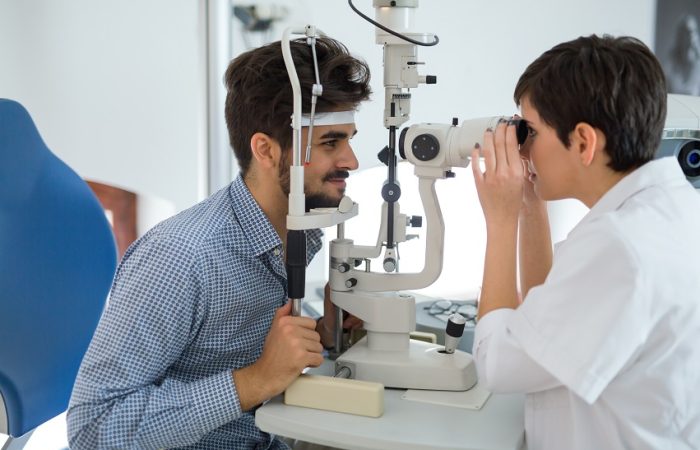 Ophthalmology concept. Patient eye vision examination in eyesight ophthalmological clinic